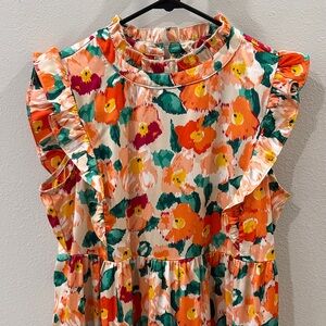 JODIFL Floral Ruffle Dress - Orange, Green, Cream